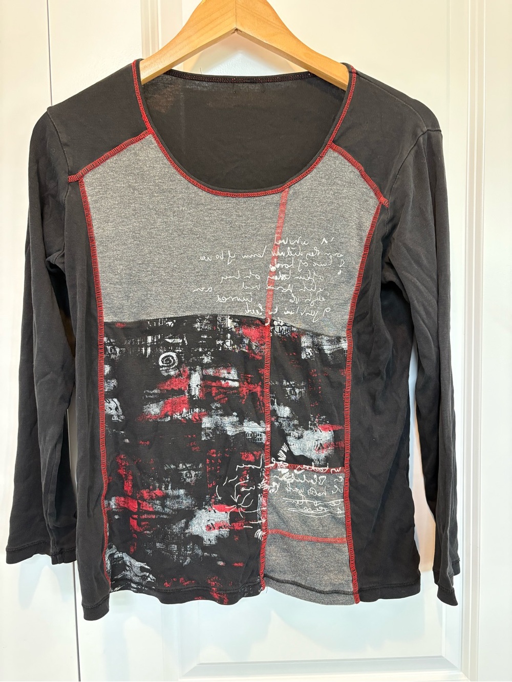 Women’s Y2K Black & Gray Long Sleeve Graphic Patchwork Top